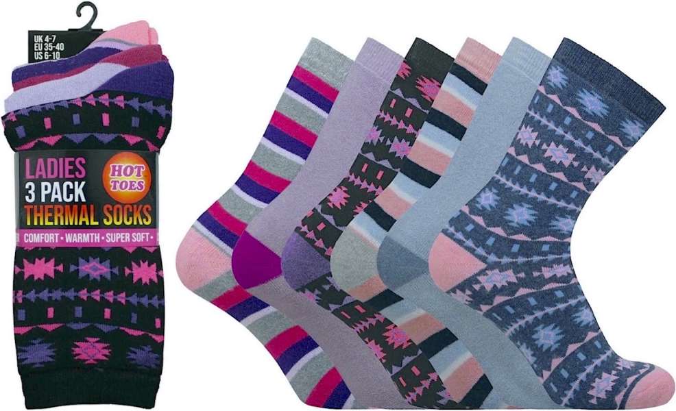 Ladies Fair-Isle & Stripe Design Super Soft Comfort Thermal Socks by Hot Toes size 4-7
