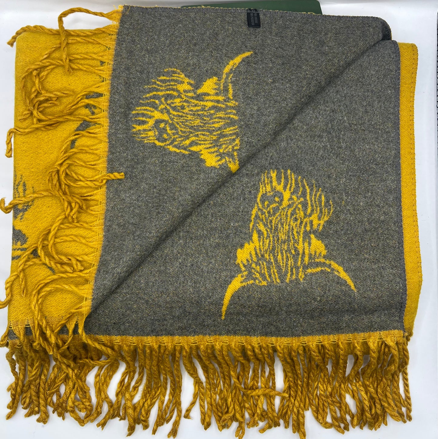 House Of Tweed Highland Cow Scarf Mustard & Grey