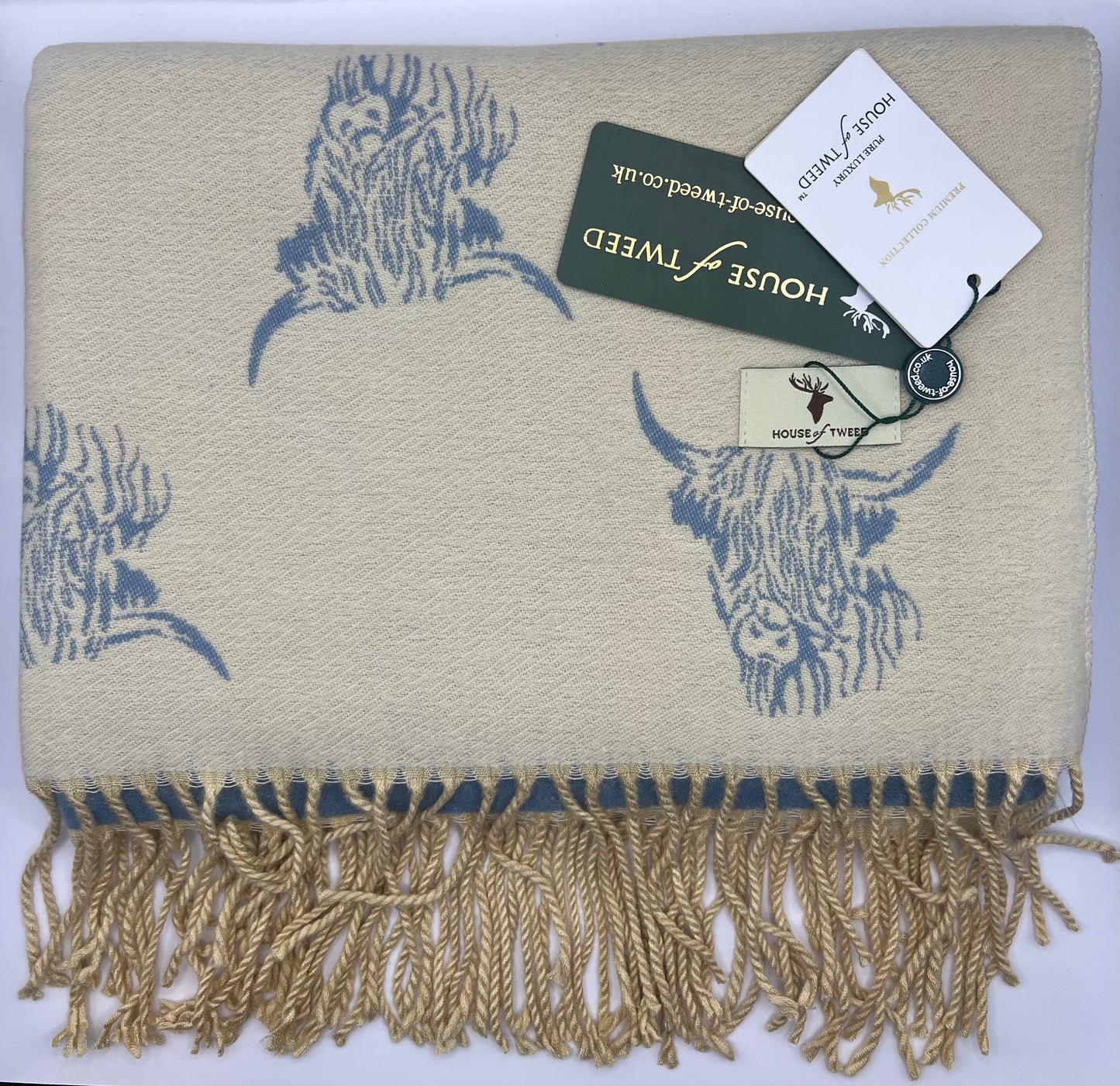 House Of Tweed Highland Cow Scarf Cream & Grey