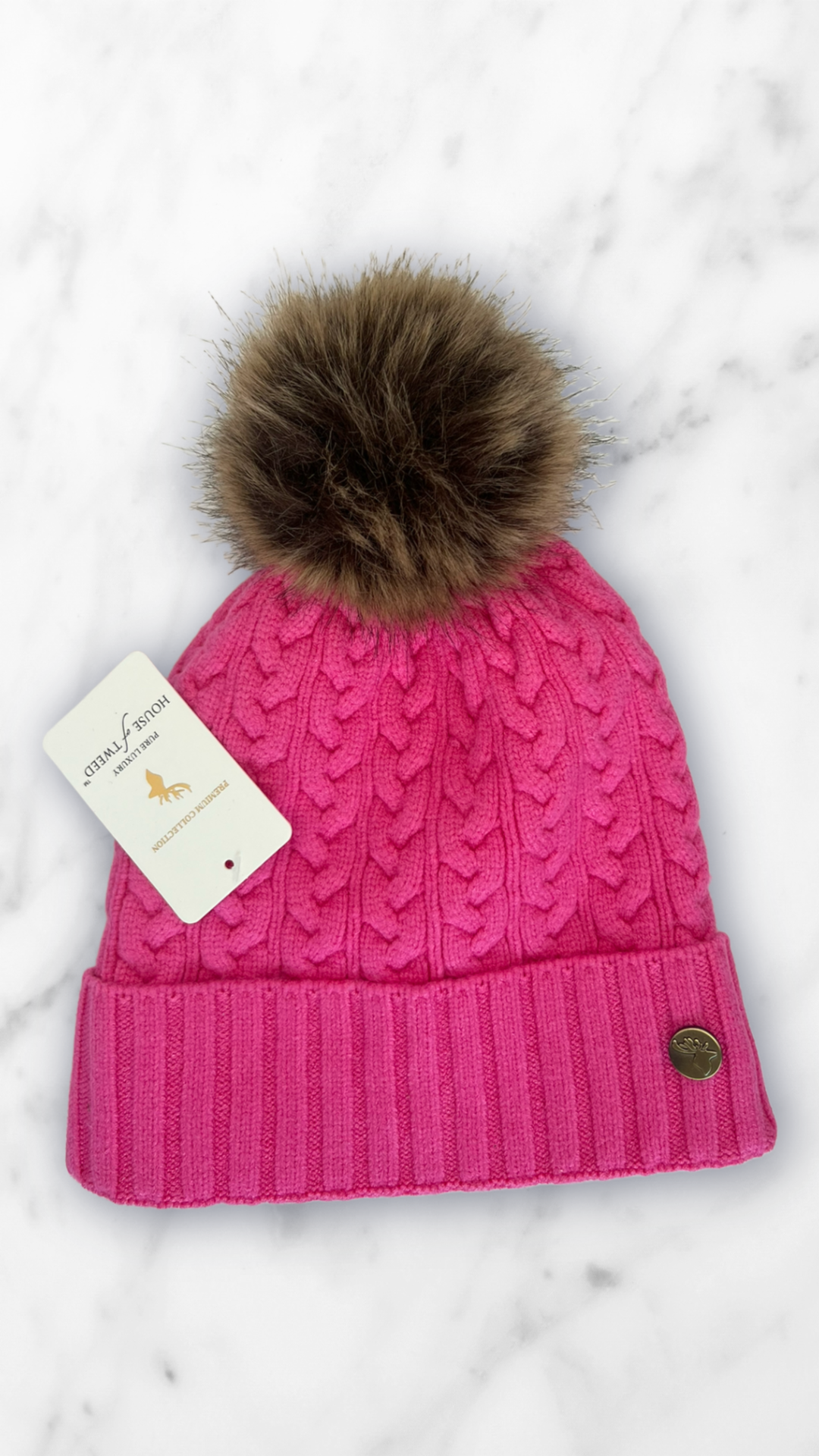 House Of Tweed Fur Lined Luxury Cable/Ribbed Knit Bobble Hat – Premium Collection Fuschia Pink