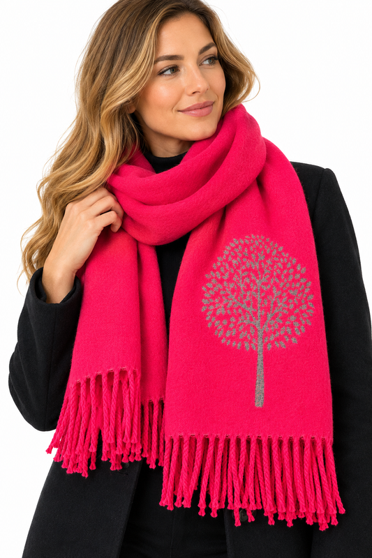House Of Tweed Tree Of Life Scarf Fuschia Pink