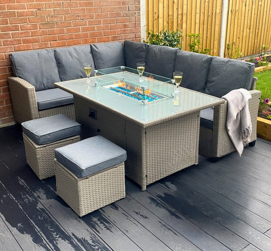 Conwy 8 Seat Corner Gas Firepit Rattan Dining Set
