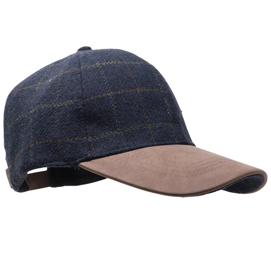 Navy Check Baseball Cap with a Suede Peak