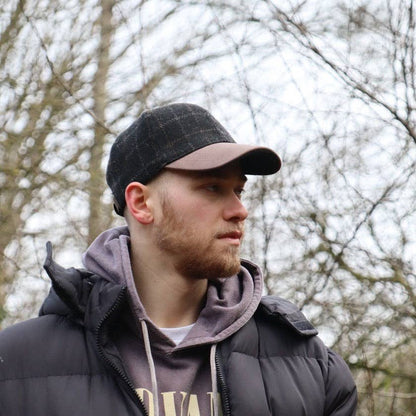 Navy Check Baseball Cap with a Suede Peak