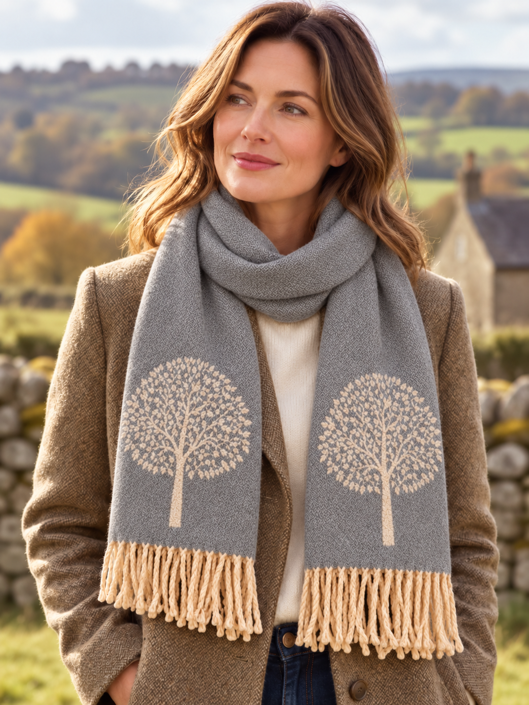 House Of Tweed Tree Of Life Scarf Cream & Grey