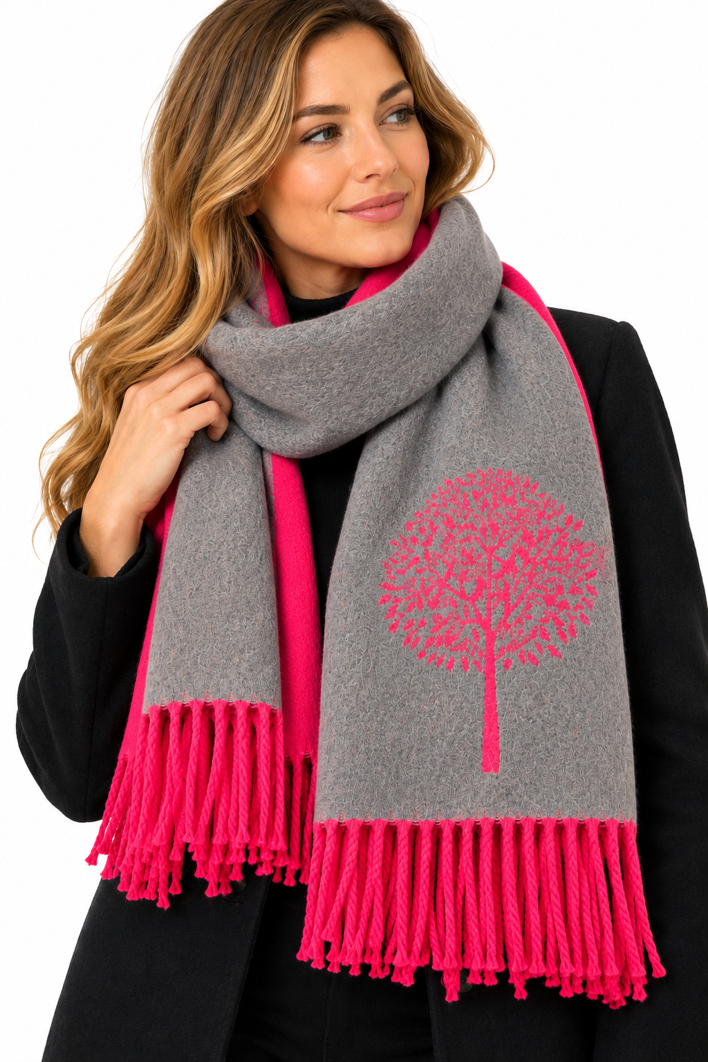 House Of Tweed Tree Of Life Scarf Fuschia Pink