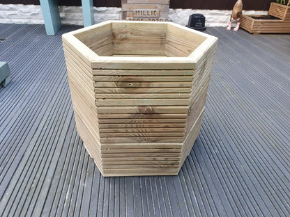 HEXAGON WOODEN GARDEN DECKING PLANTERS  PLANTS SHRUBS FLOWERS 3 SIZES AVAILABLE