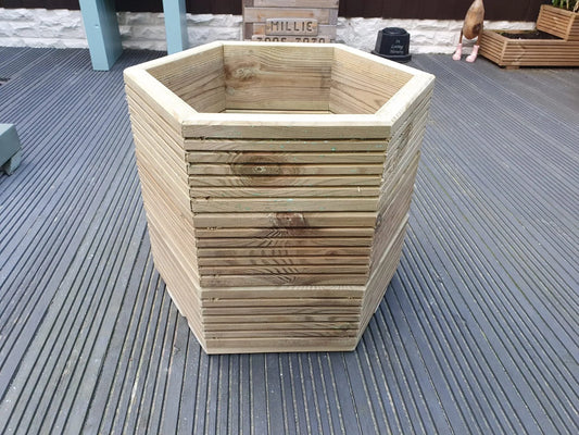 HEXAGON WOODEN GARDEN DECKING PLANTERS  PLANTS SHRUBS FLOWERS 3 SIZES AVAILABLE