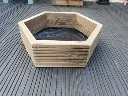 HEXAGON WOODEN GARDEN DECKING PLANTERS  PLANTS SHRUBS FLOWERS 3 SIZES AVAILABLE