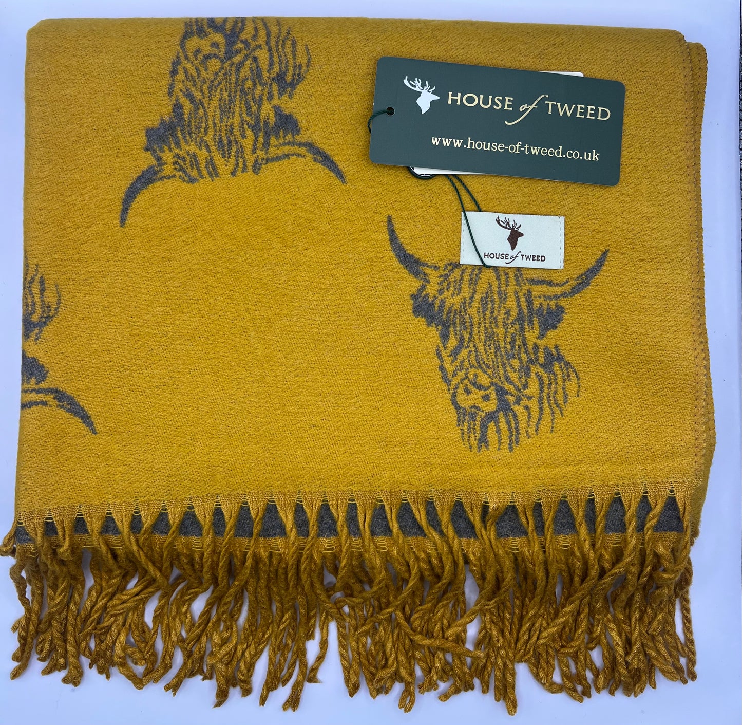 House Of Tweed Highland Cow Scarf Mustard & Grey