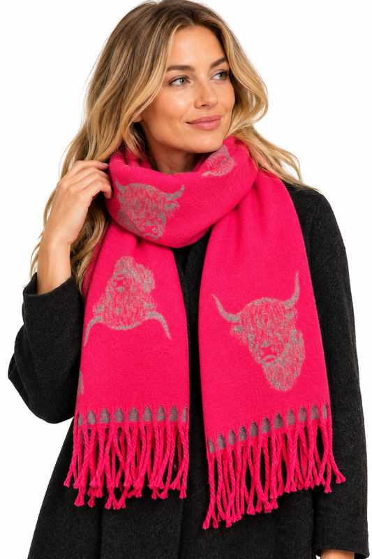 House Of Tweed Highland Cow Scarf Fuschia Pink