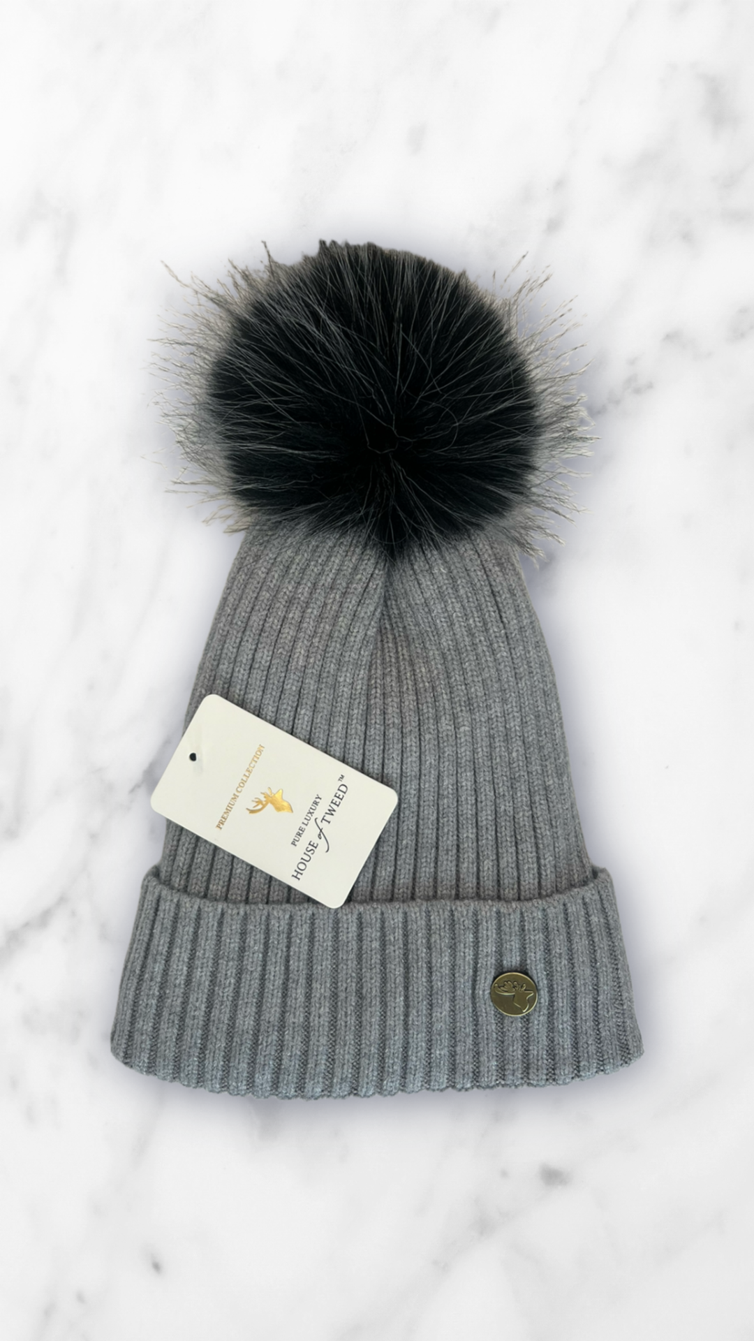 House Of Tweed Fur Lined Luxury Cable/Ribbed Knit Bobble Hat – Premium Collection Grey