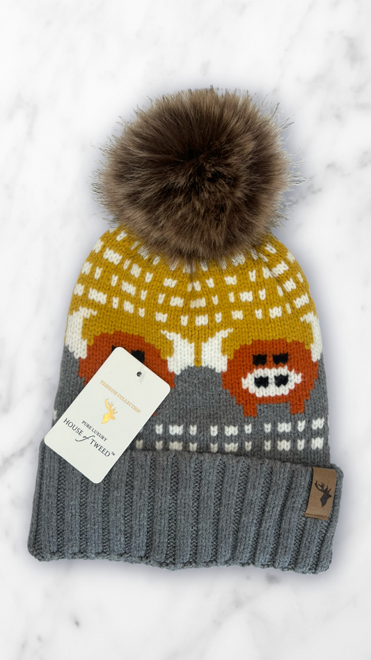 House Of Tweed Fur Lined Luxury Cable/Ribbed Knit Bobble Hat – Premium Collection Highland Cow Mustard