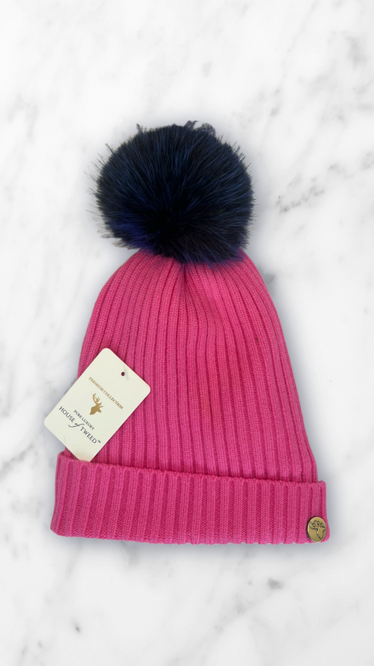 House Of Tweed Fur Lined Luxury Cable/Ribbed Knit Bobble Hat – Premium Collection Bright Pink