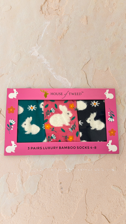 House of Tweed Ladies Luxury Bamboo Socks (3-Pair Gift Set) Style Rabbit