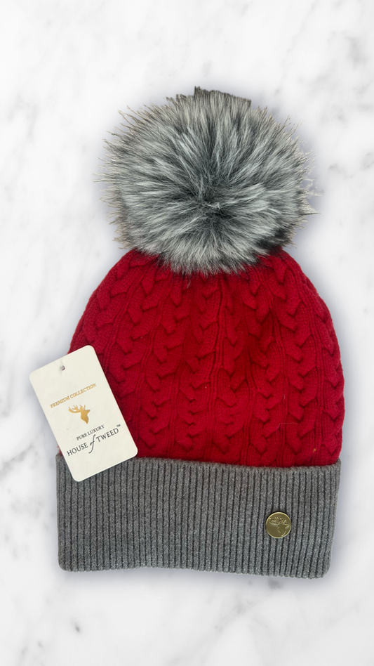 House Of Tweed Fur Lined Luxury Cable/Ribbed Knit Bobble Hat – Premium Collection Red