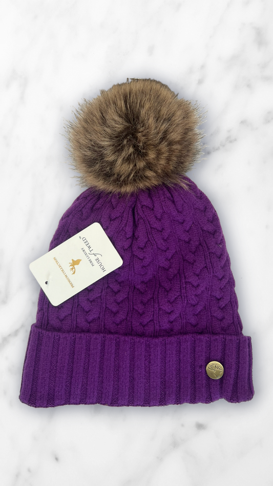House Of Tweed Fur Lined Luxury Cable/Ribbed Knit Bobble Hat – Premium Collection Purple