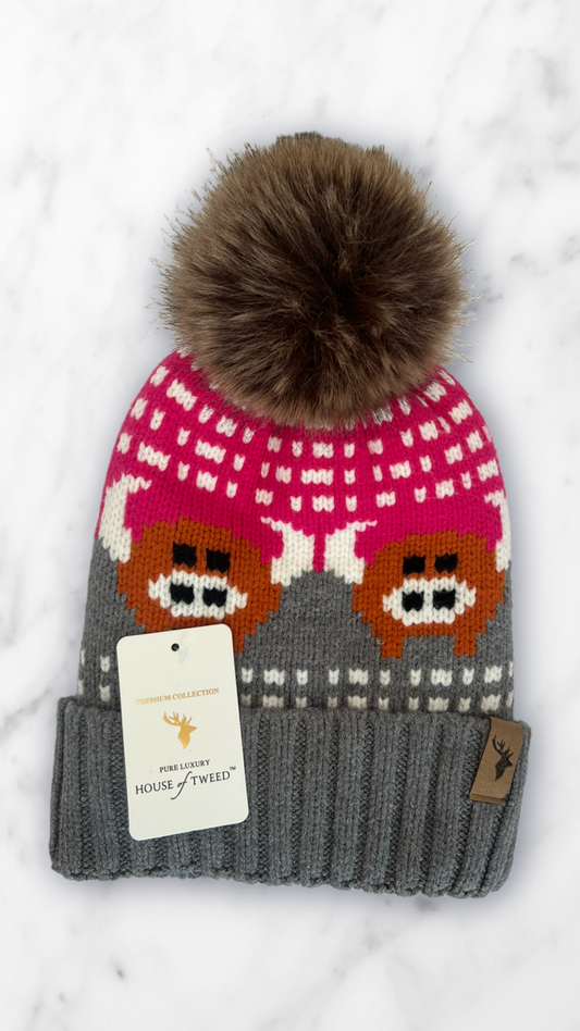 House Of Tweed Fur Lined Luxury Cable/Ribbed Knit Bobble Hat – Premium Collection Highland Cow Pink