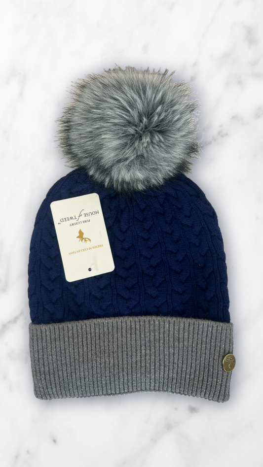 House Of Tweed Fur Lined Luxury Cable/Ribbed Knit Bobble Hat – Premium Collection Navy Blue