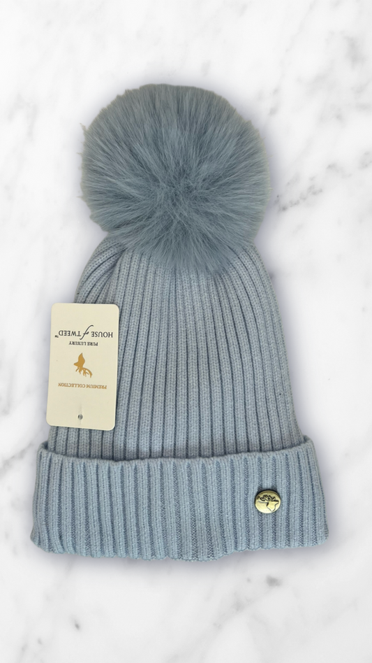 House Of Tweed Fur Lined Luxury Cable/Ribbed Knit Bobble Hat – Premium Collection Baby Blue