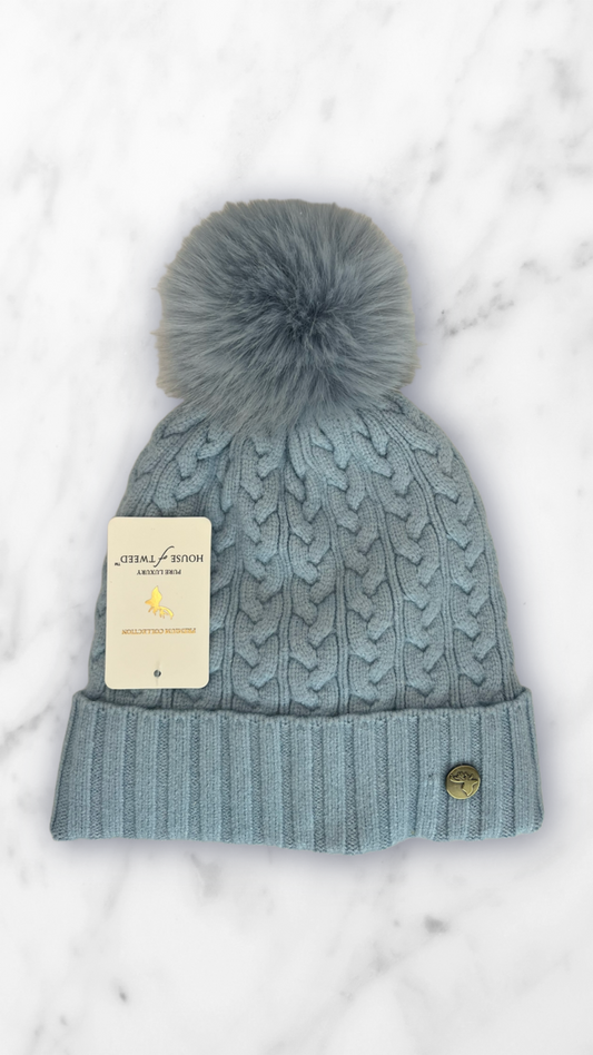 House Of Tweed Fur Lined Luxury Cable/Ribbed Knit Bobble Hat – Premium Collection Baby Blue