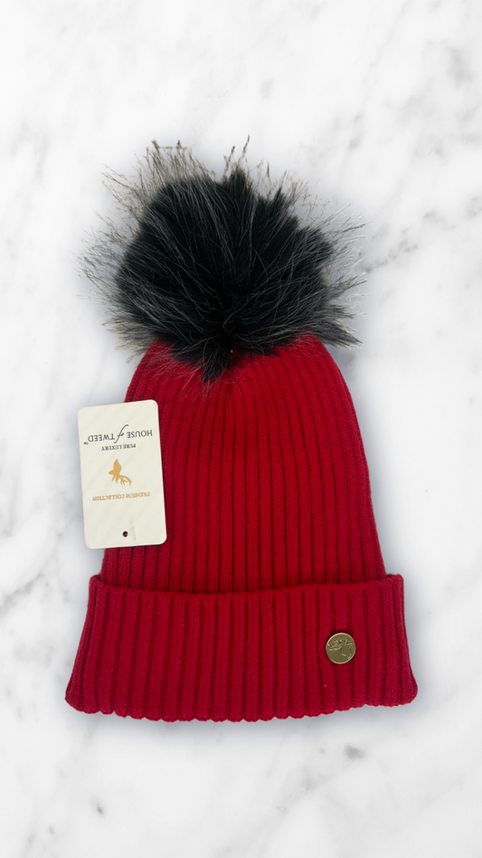 House Of Tweed Fur Lined Luxury Cable/Ribbed Knit Bobble Hat – Premium Collection RED