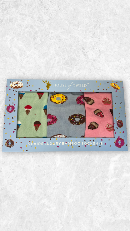 House of Tweed Ladies Luxury Bamboo Socks (3-Pair Gift Set) Style CupCake