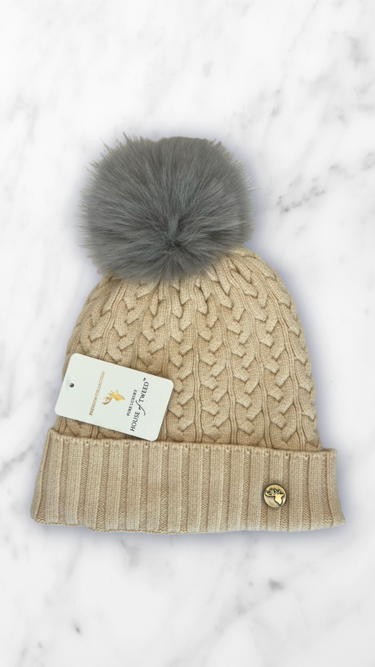 House Of Tweed Fur Lined Luxury Cable/Ribbed Knit Bobble Hat – Premium Collection Cream