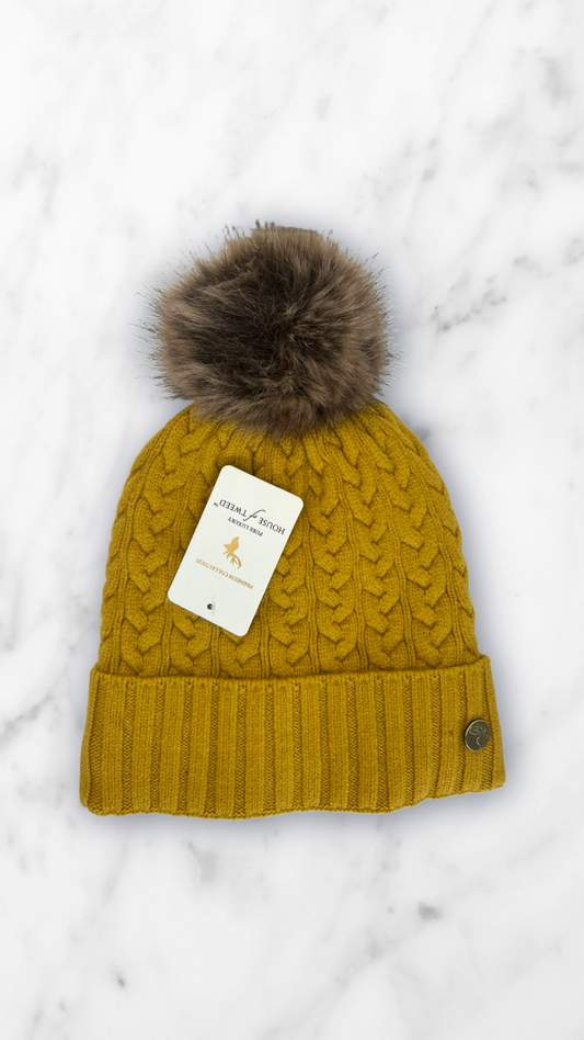 House Of Tweed Fur Lined Luxury Cable/Ribbed Knit Bobble Hat – Premium Collection Mustard