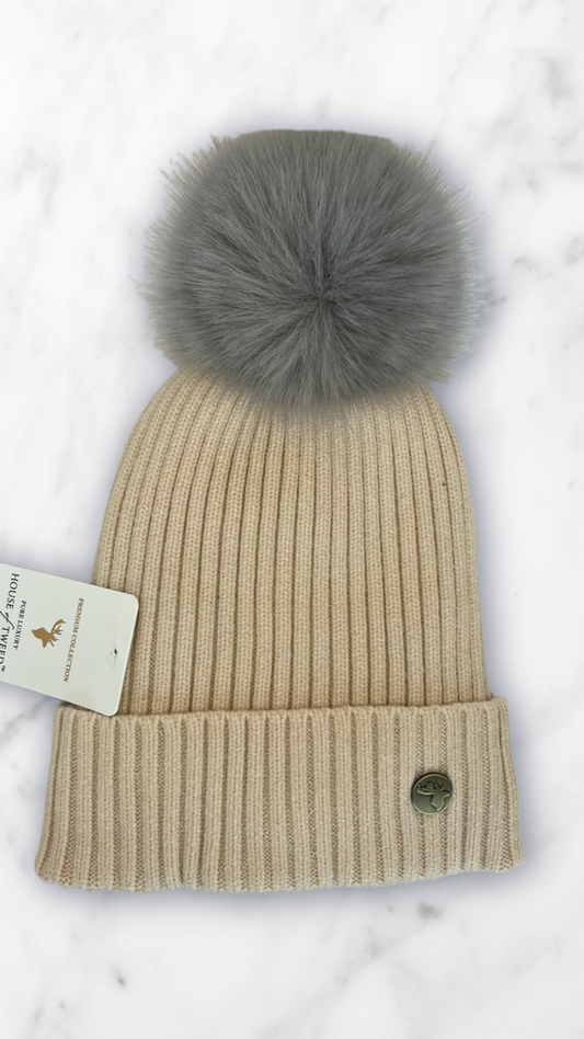 House Of Tweed Fur Lined Luxury Cable/Ribbed Knit Bobble Hat – Premium Collection Cream
