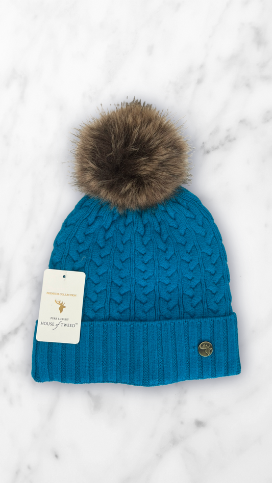 House Of Tweed Fur Lined Luxury Cable/Ribbed Knit Bobble Hat – Premium Collection Turquoise Green