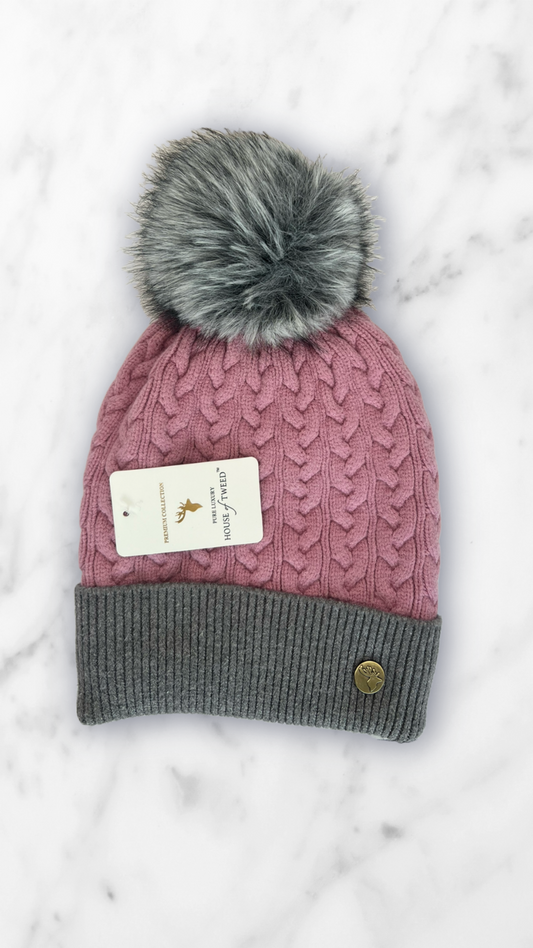 House Of Tweed Fur Lined Luxury Cable/Ribbed Knit Bobble Hat – Premium Collection Pink
