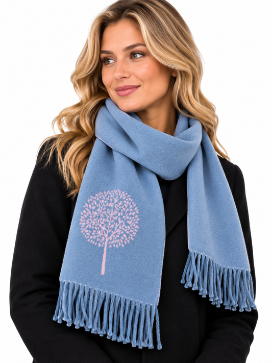 House Of Tweed Tree Of Life Scarf Light Blue & Rose